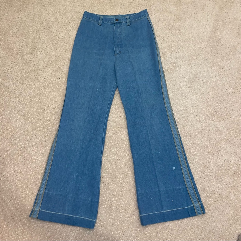 60s Vintage Denim Jeans Stripe Low Rise Bellbottoms With Talon Zipper Size 28x30